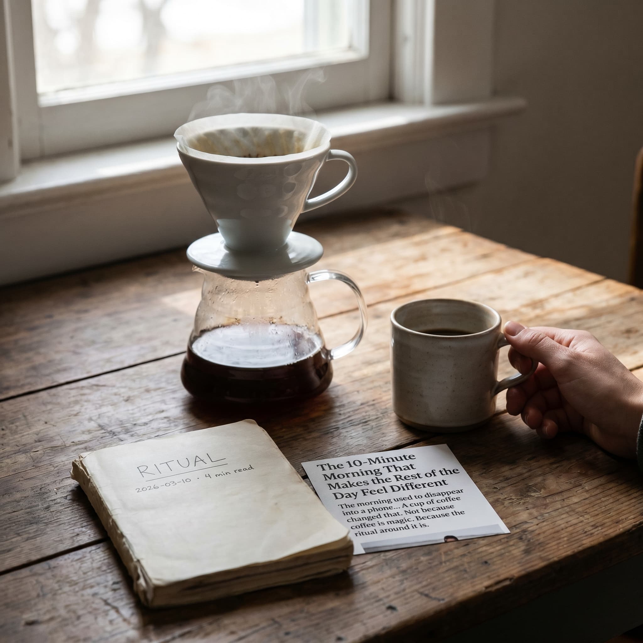 Morning light on a quiet kitchen with coffee and a notebook