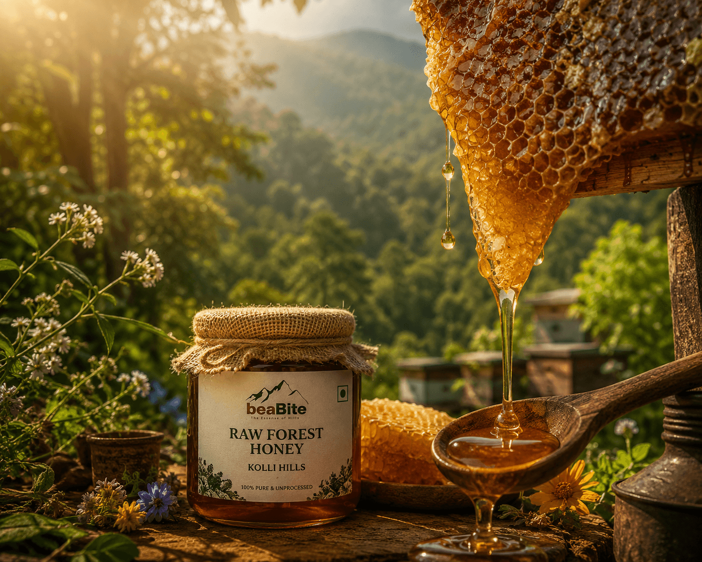Raw wild honey in golden morning light